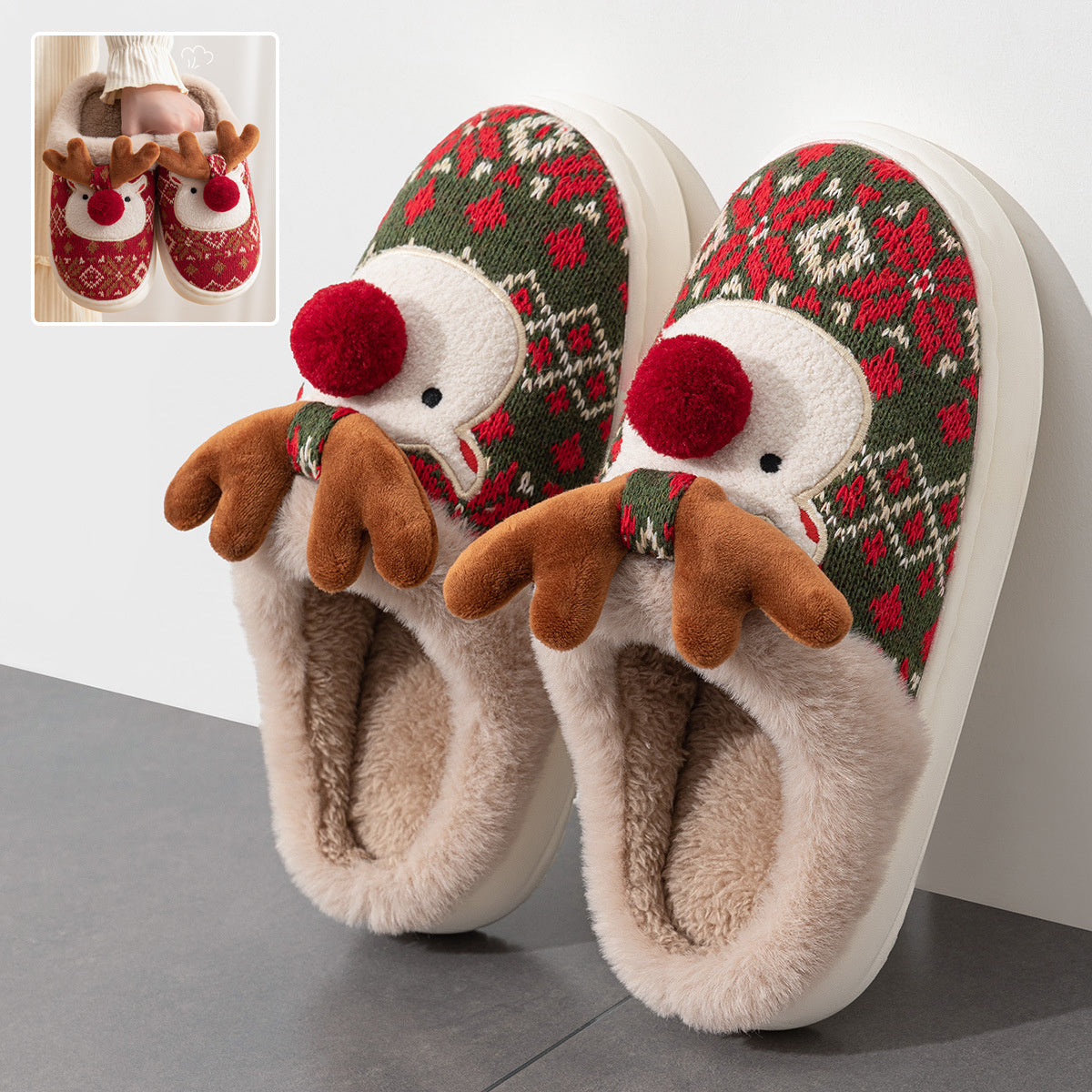 Cute Christmas Elk Plush Slippers Winter Shoes