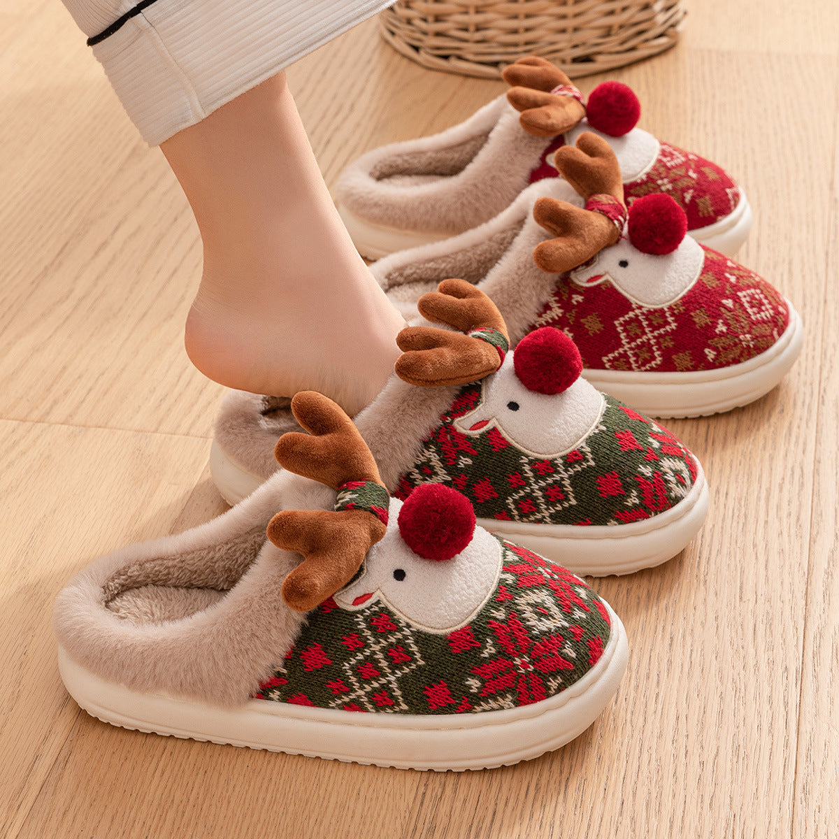 Cute Christmas Elk Plush Slippers Winter Shoes