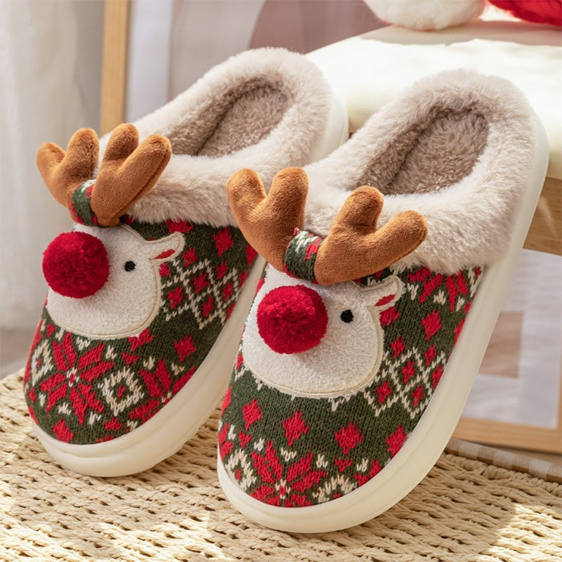 Cute Christmas Elk Plush Slippers Winter Shoes